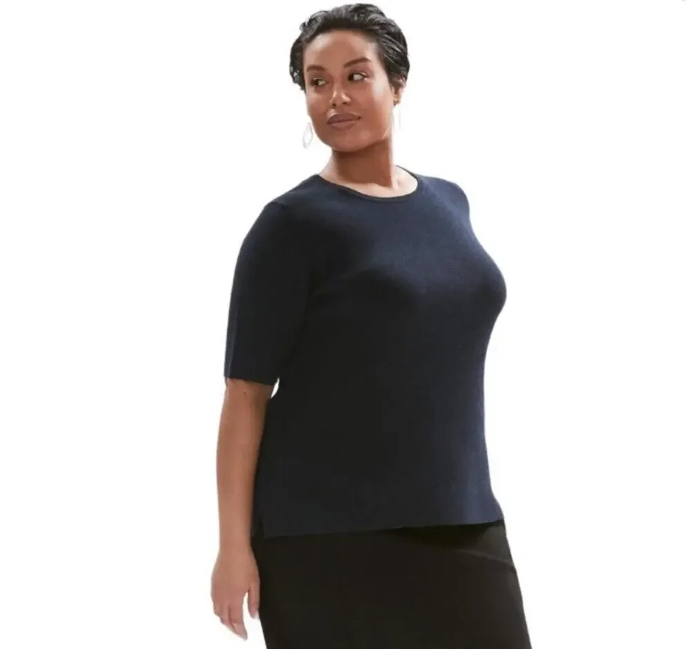 MM LaFleur Choe Navy Blue Crewneck Thick Knit Short Sleeve Top